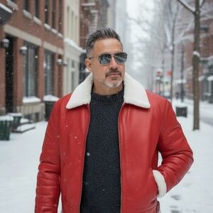 Men's Red Leather Shearling Jacket XL – Luxe Winter Statement Coat
